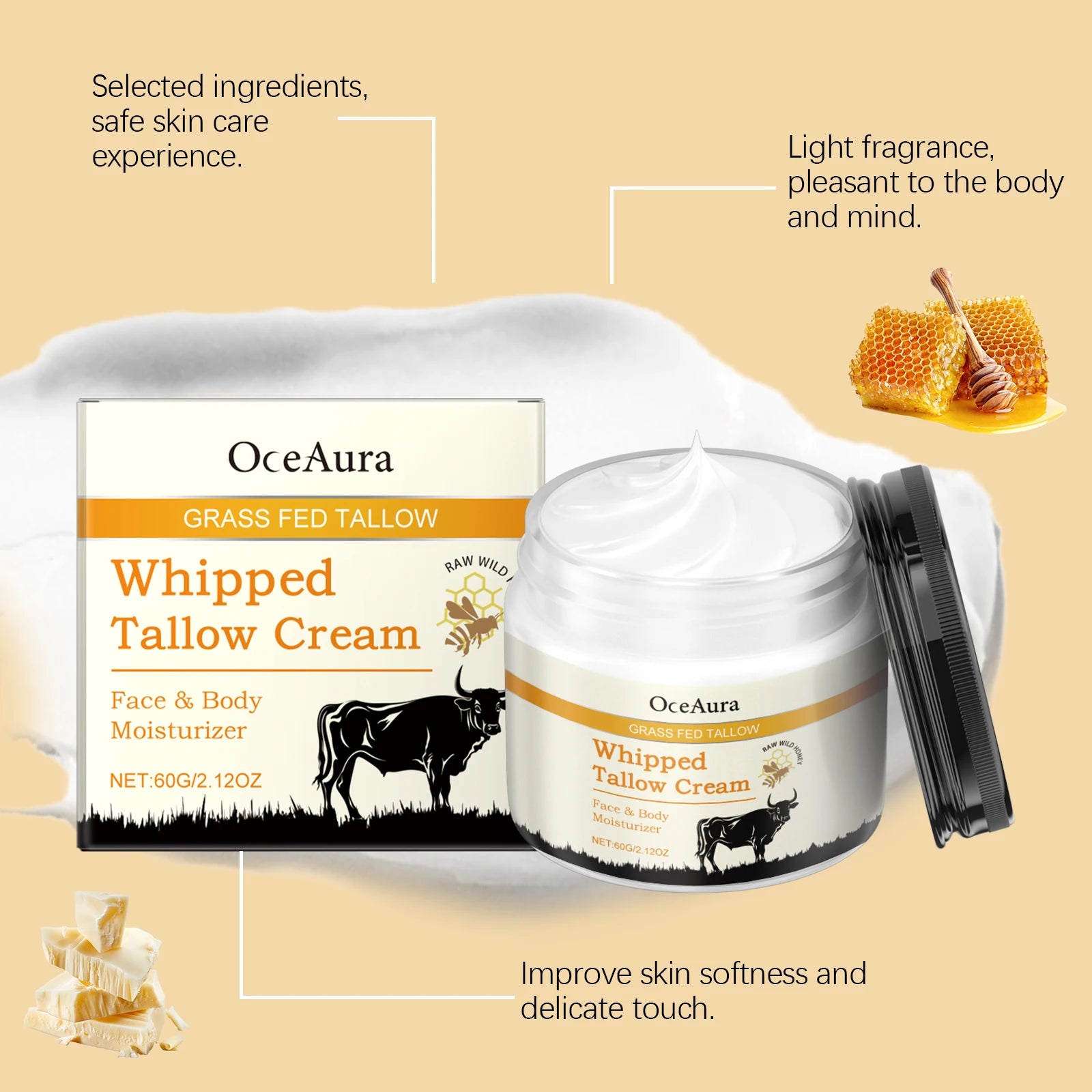 Oceaura 60g Beef Tallow Honey Moisturizer: Hydrating & Nourishing