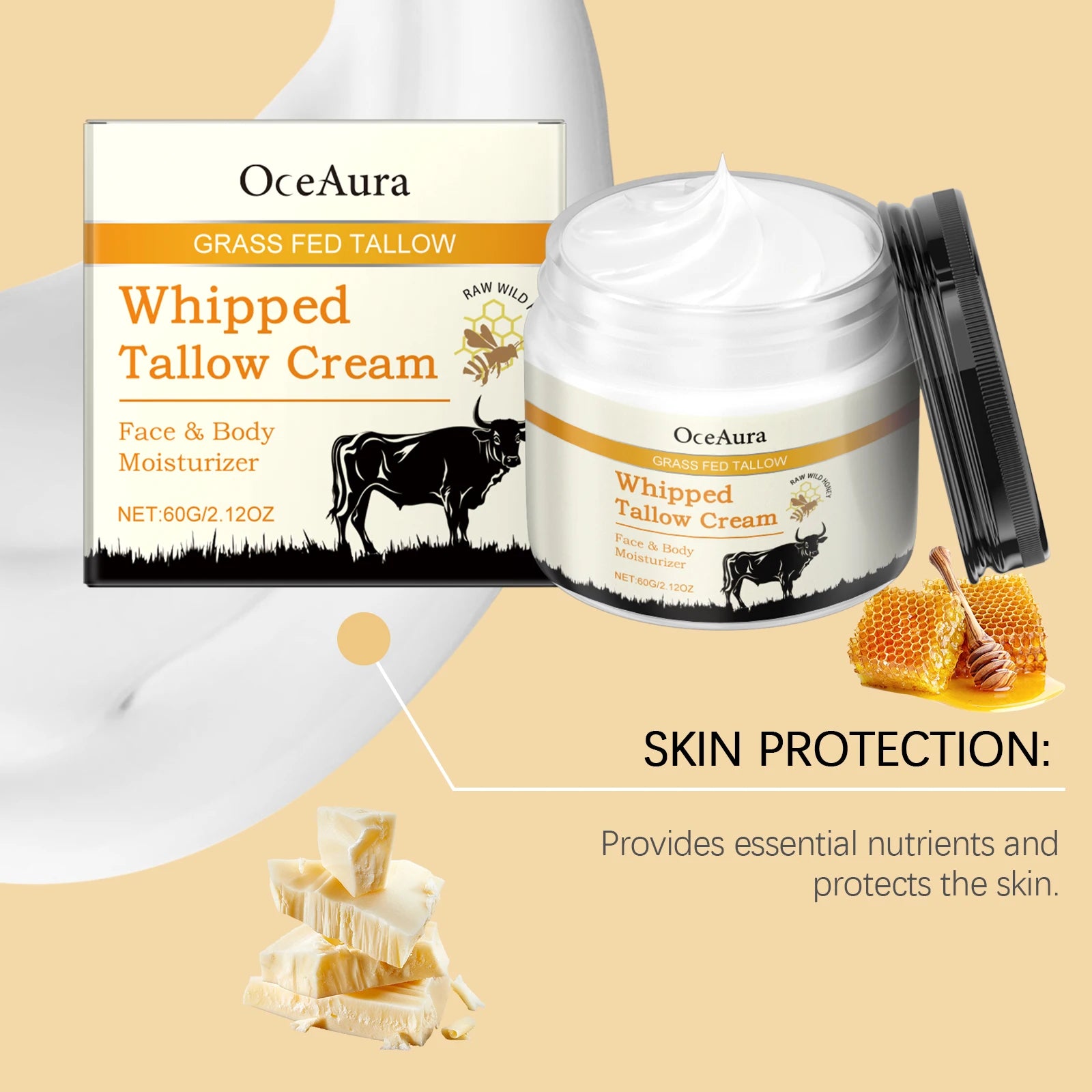 Oceaura 60g Beef Tallow Honey Moisturizer: Hydrating & Nourishing