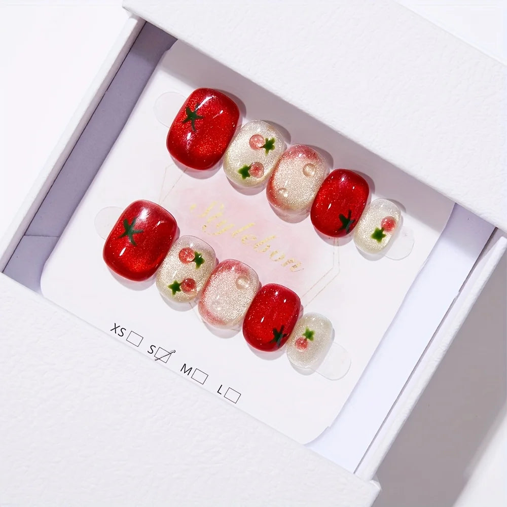 10Pcs Red Oval Press-On Nails Cute Tomato Design