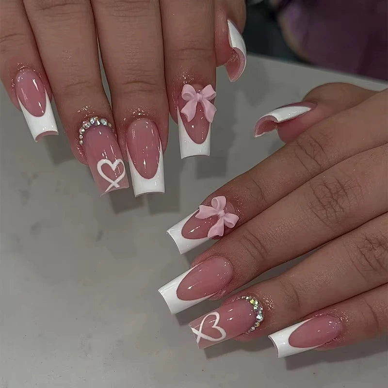 24pcs Cat Eye French Almond Press-On Nails 3D Bow