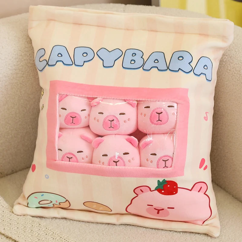 Capybara snack-pouch plush pillow with removable mini plush toys