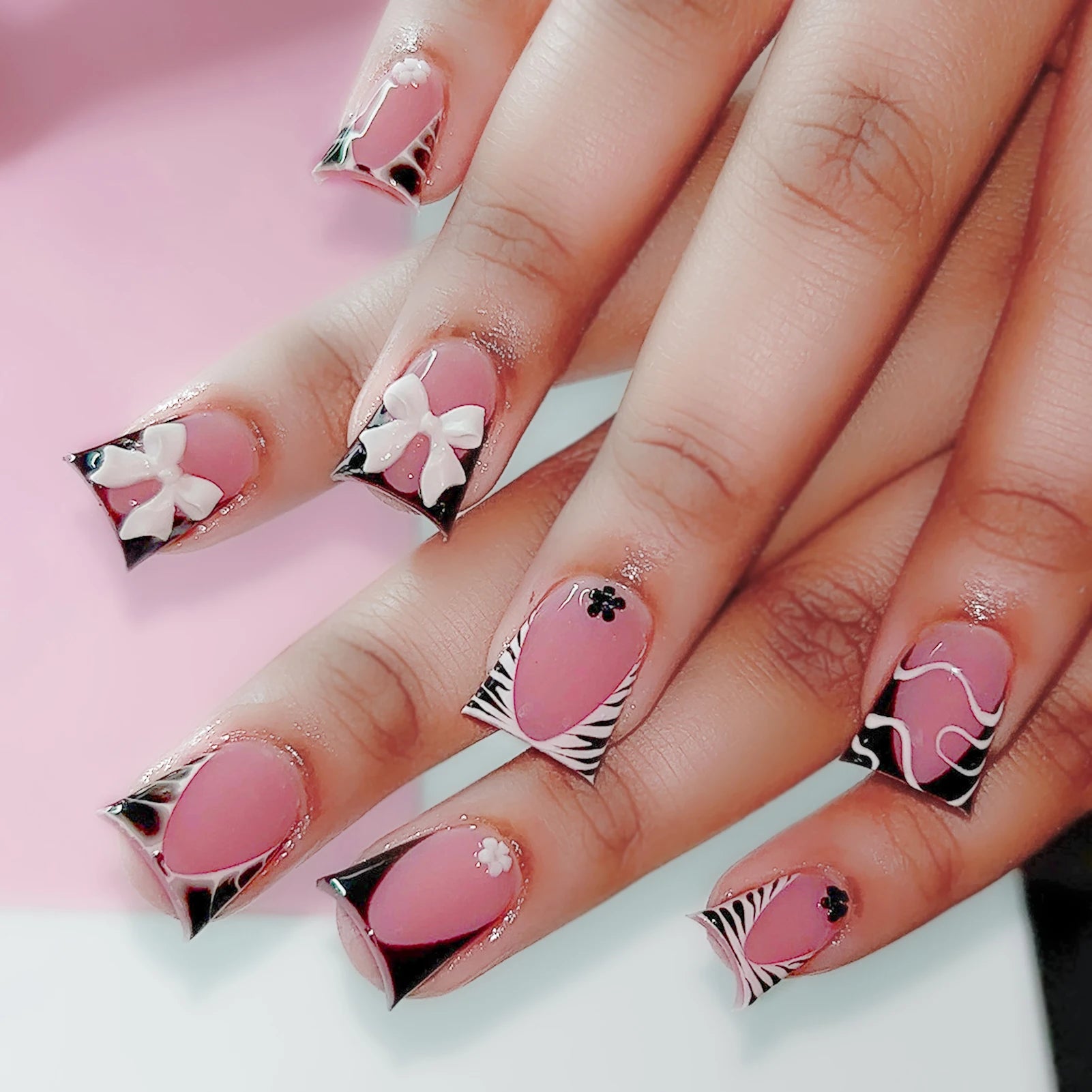 Blush Pink 3D Bowknot Diamond Pearl Press-On Nails