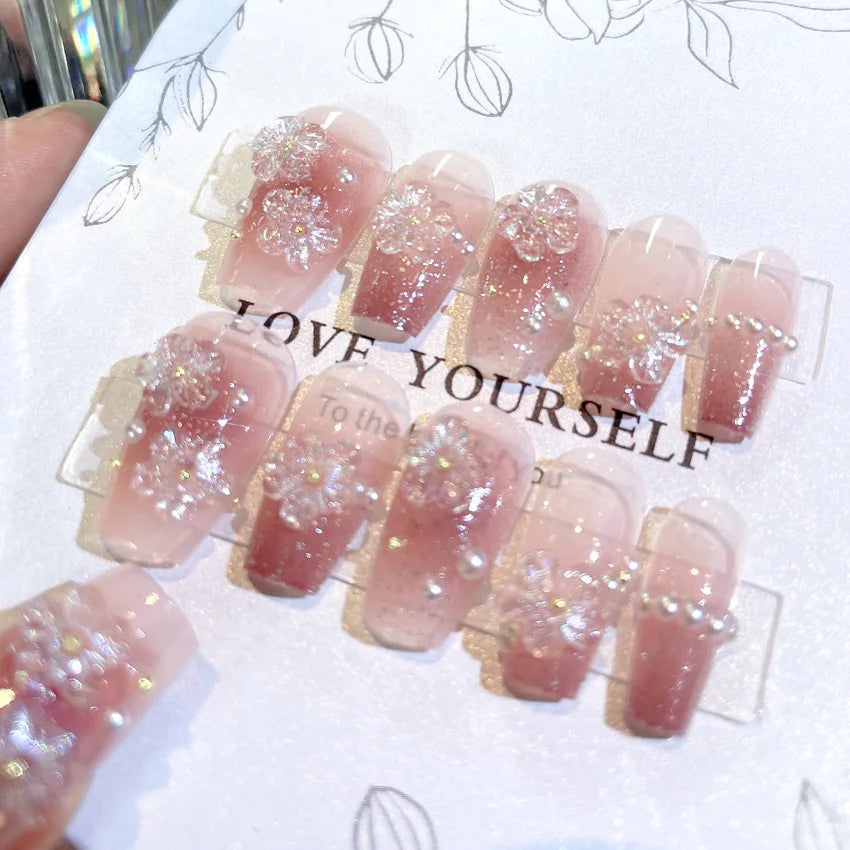 Blush Pink 3D Bowknot Diamond Pearl Press-On Nails