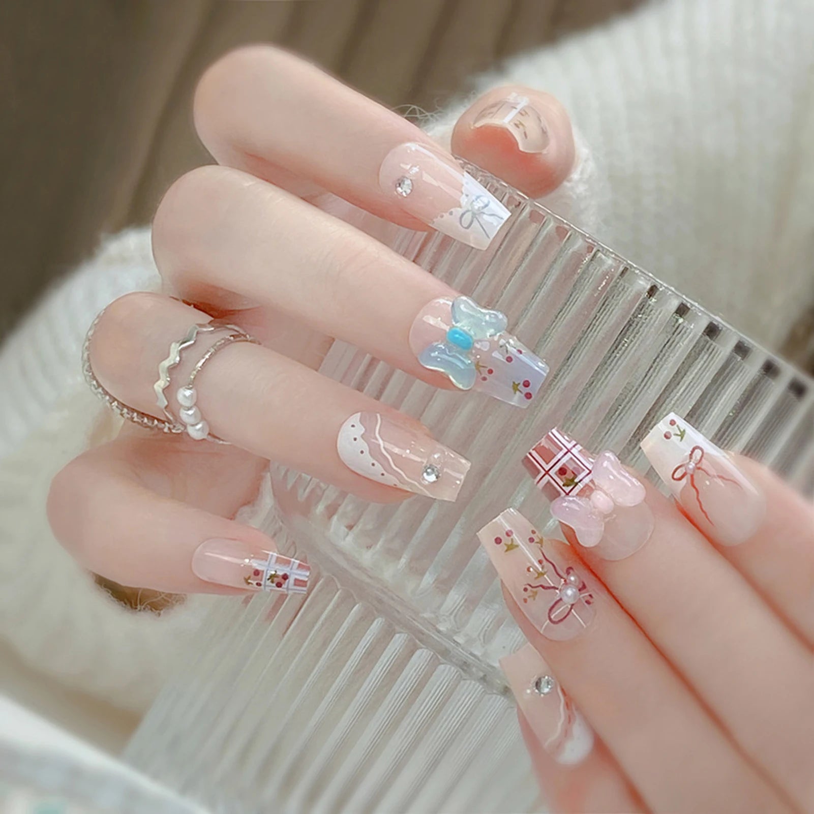 Blush Pink 3D Bowknot Diamond Pearl Press-On Nails