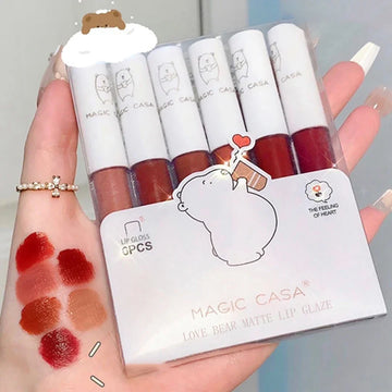 6pcs/Set Love Bear Velvet Matte Lipgloss Lip Tint Mud Moisturizing Lip Cosmetics Set