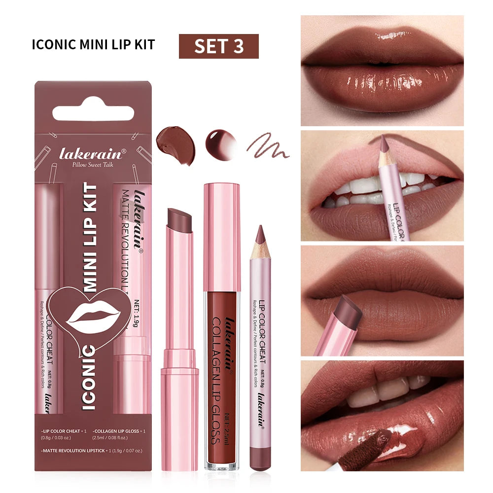 3pcs Lipliner, Lipstick & Gloss Set Waterproof Matte