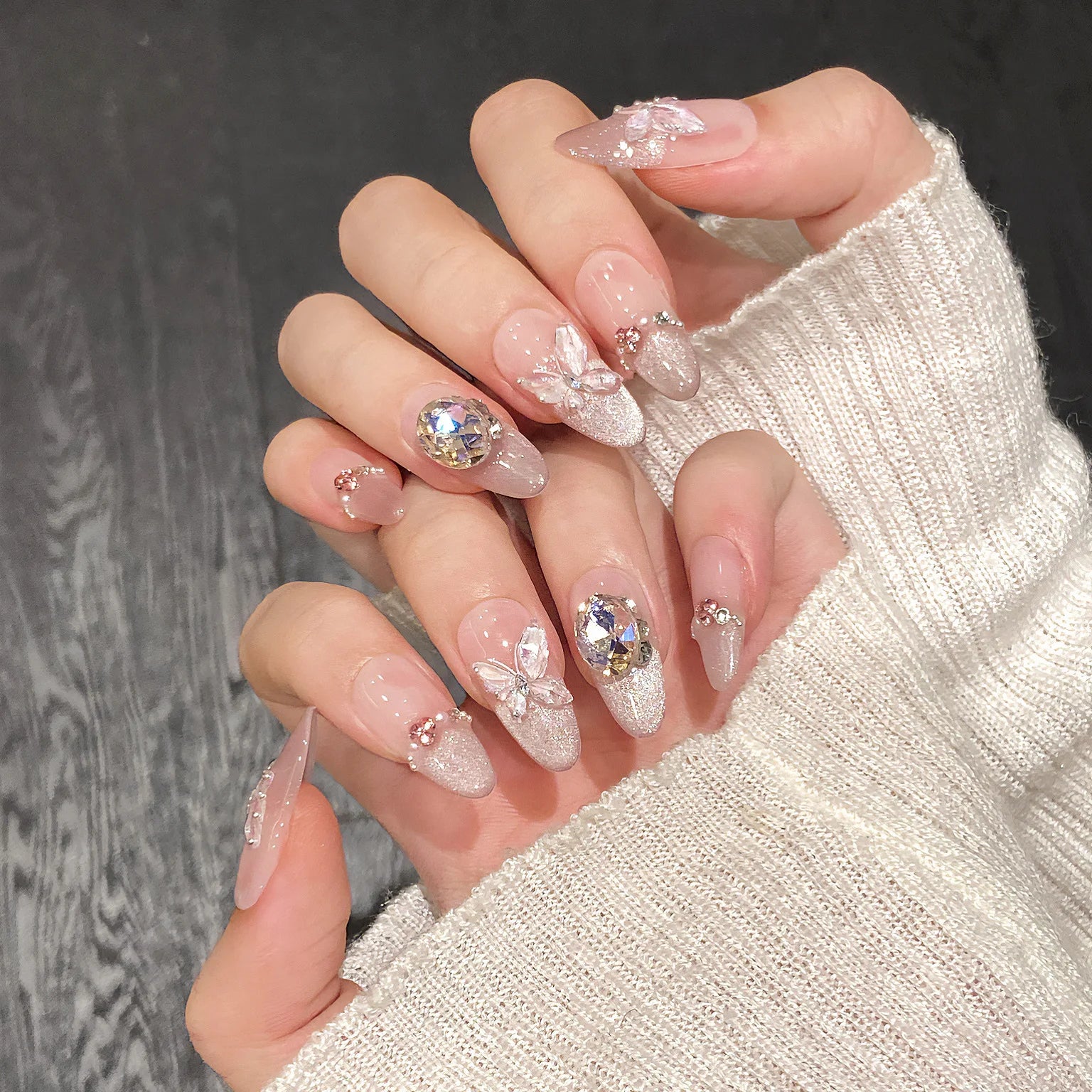 10Pcs Pink Butterfly Cat Eye French Press-On Nails