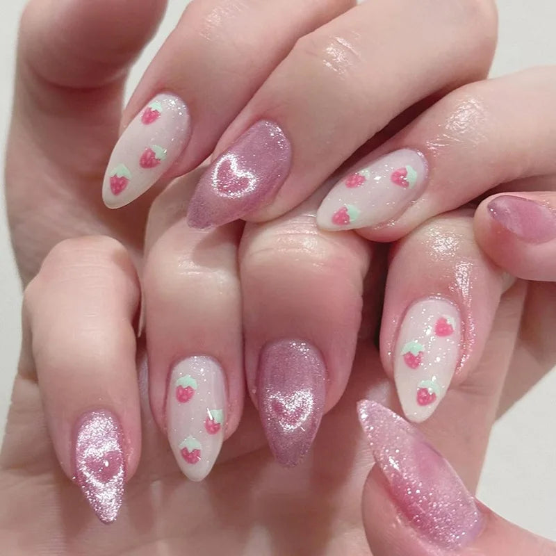 24pcs Cat Eye French Almond Press-On Nails 3D Bow