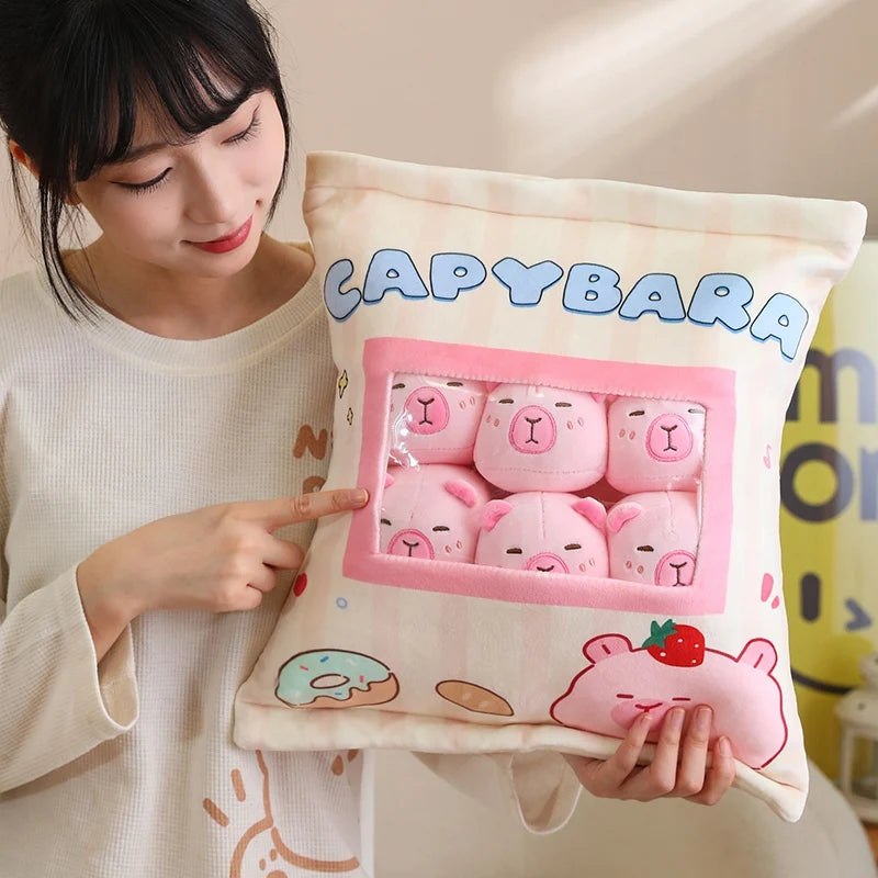 Capybara snack-pouch plush pillow with removable mini plush toys