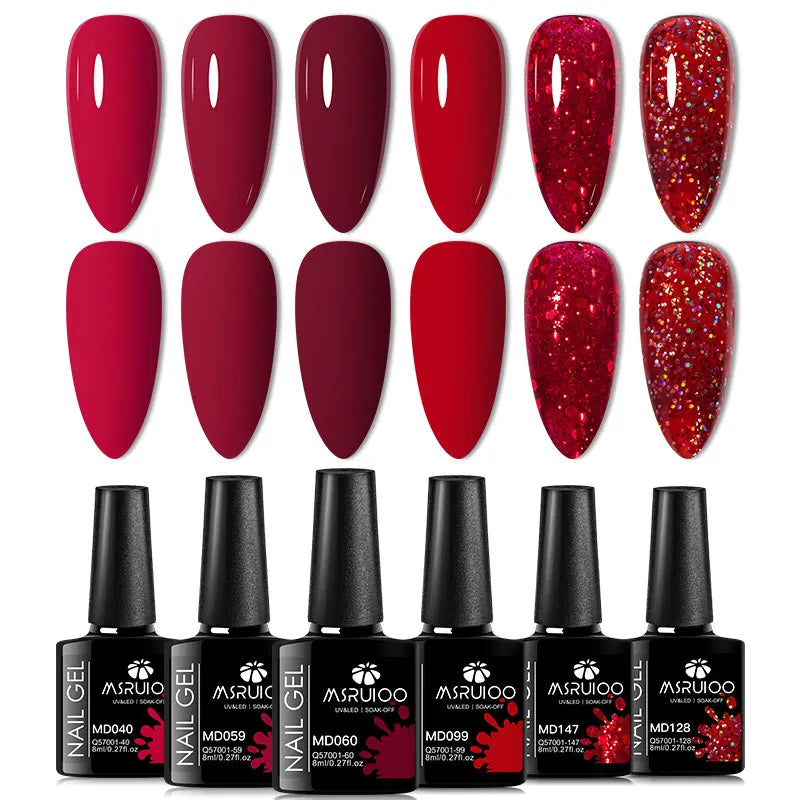 6PC Gel Nail Polish Set Nude Pink Red Glitter UV Gel