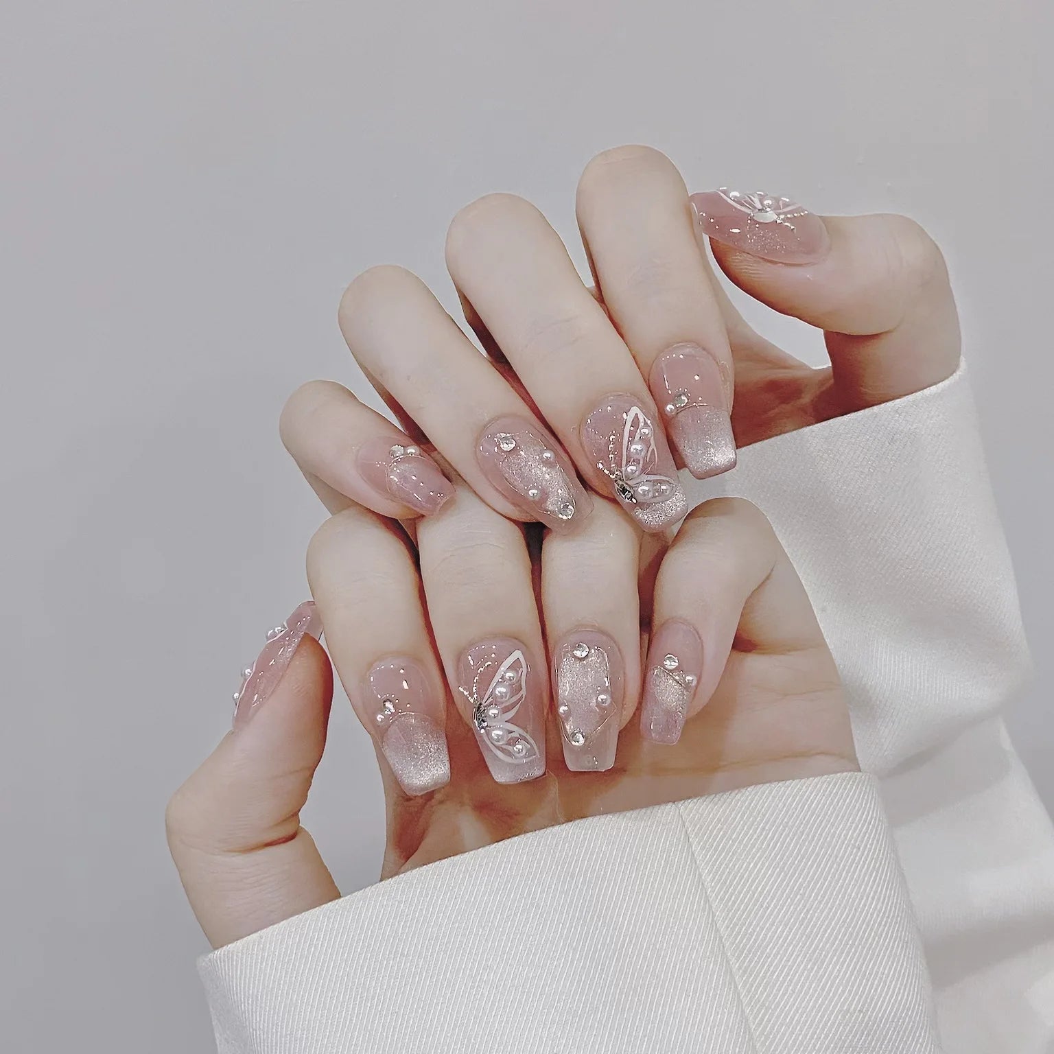 10Pcs Pink Butterfly Cat Eye French Press-On Nails