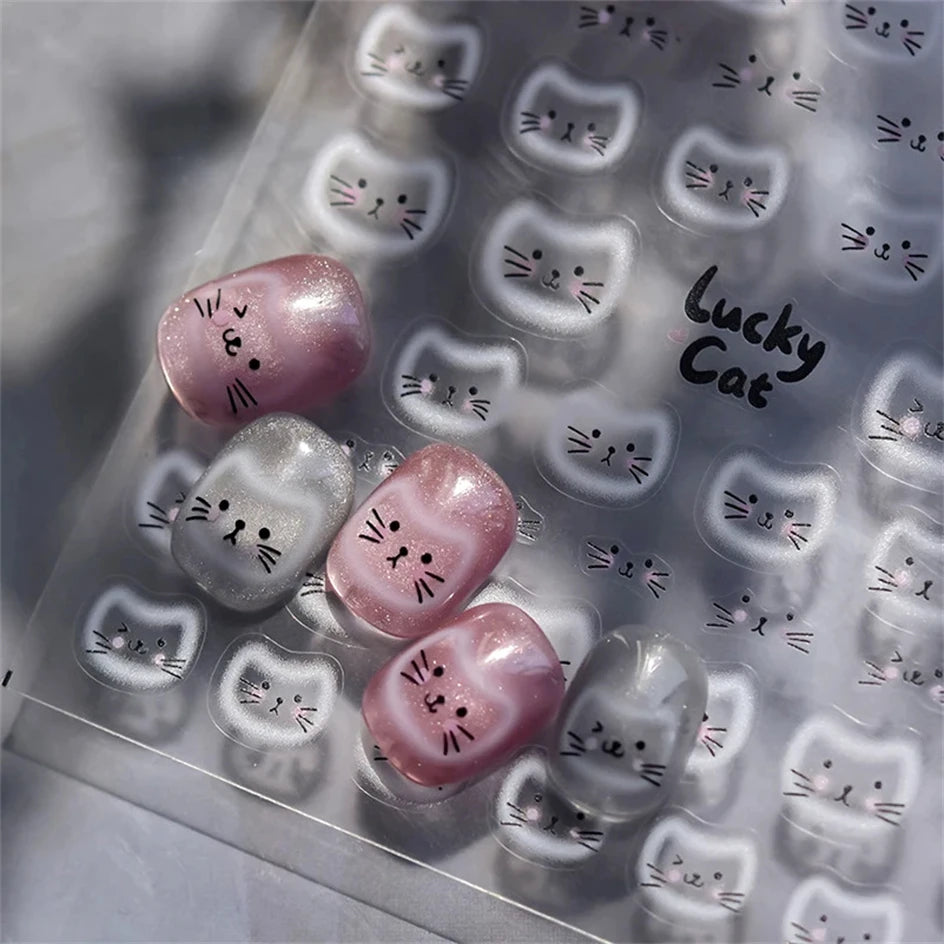 White Halo Cat Face Nail Stickers Embossed Relief