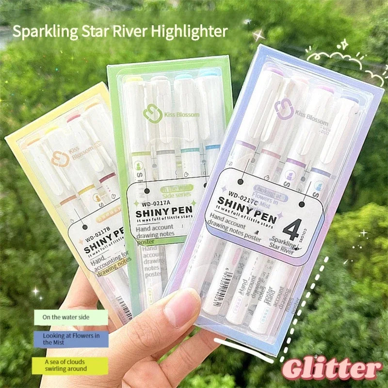 4 Color/Set Glitter Kawaii Glitter Highlighters Markers for Sparkling