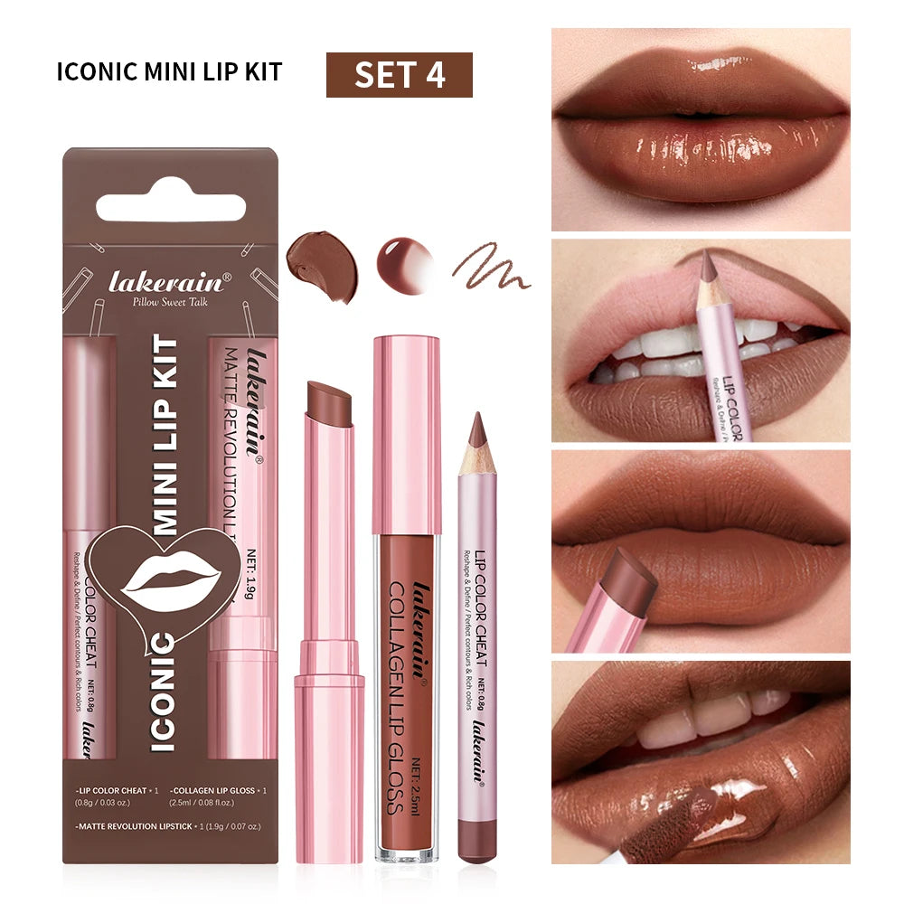 3pcs Lipliner, Lipstick & Gloss Set Waterproof Matte
