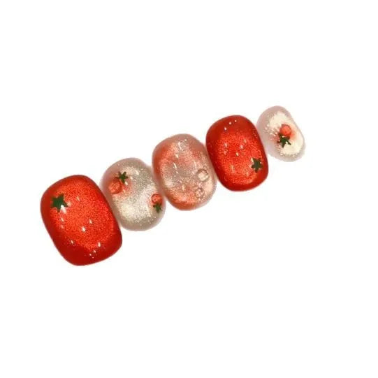 10Pcs Red Oval Press-On Nails Cute Tomato Design