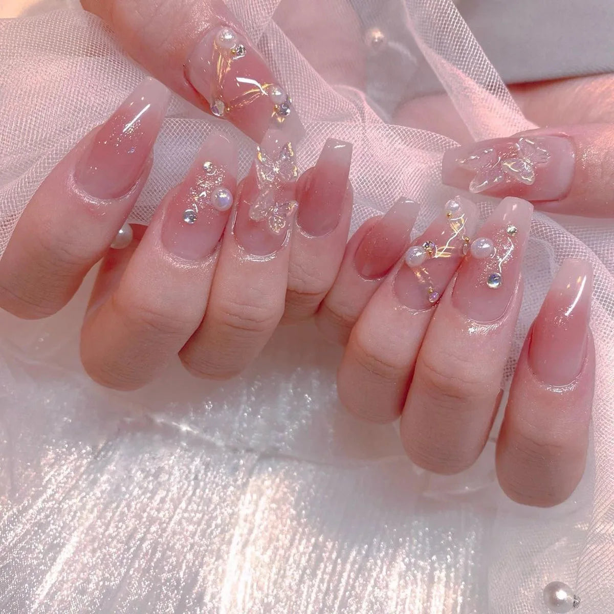 Blush Pink 3D Bowknot Diamond Pearl Press-On Nails