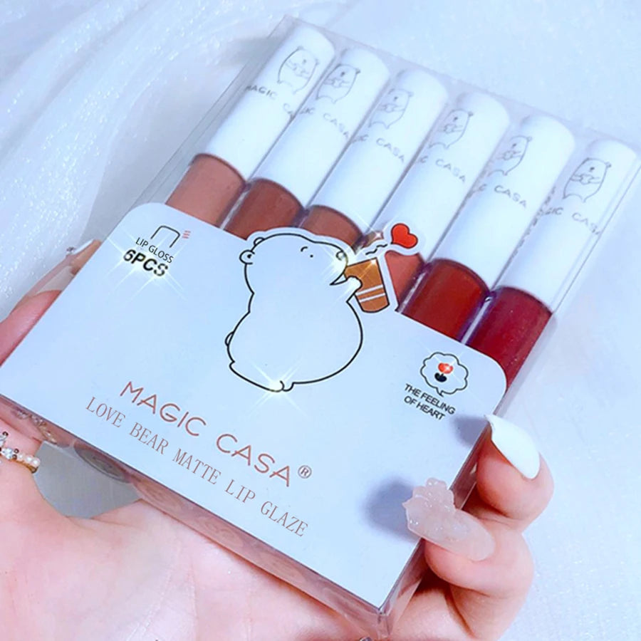 6pcs/Set Love Bear Velvet Matte Lipgloss Lip Tint Mud Moisturizing Lip Cosmetics Set
