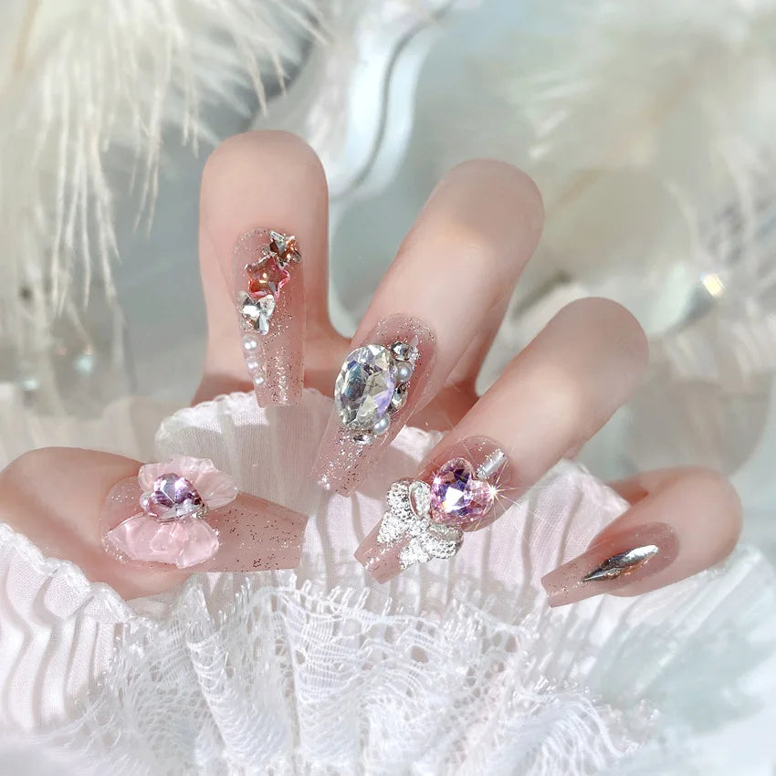 Blush Pink 3D Bowknot Diamond Pearl Press-On Nails