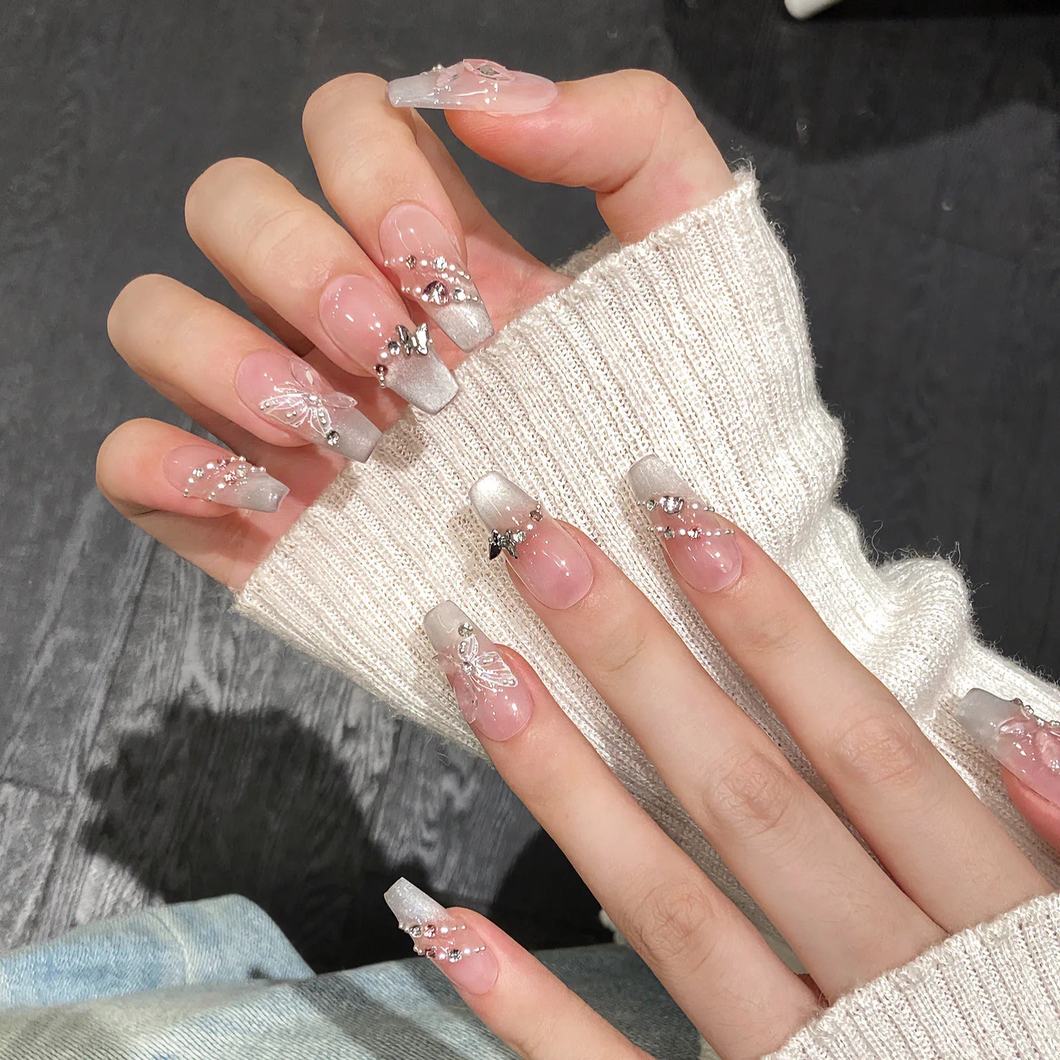 10Pcs Pink Butterfly Cat Eye French Press-On Nails