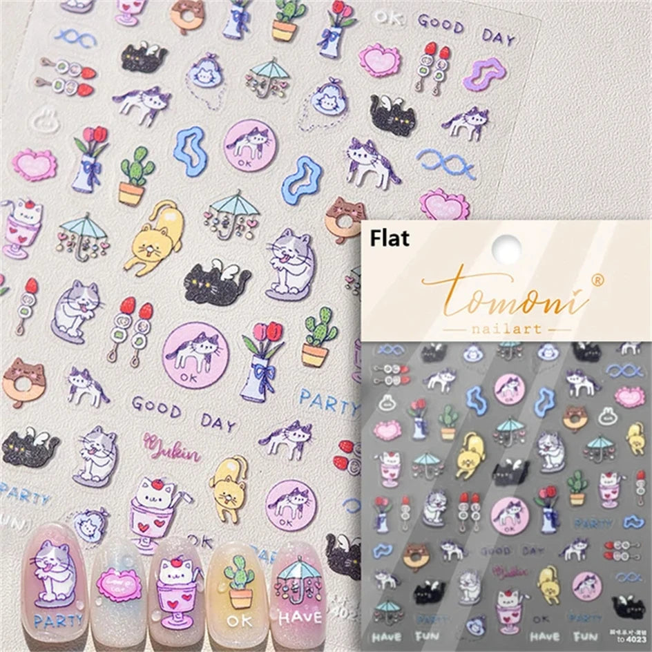 White Halo Cat Face Nail Stickers Embossed Relief