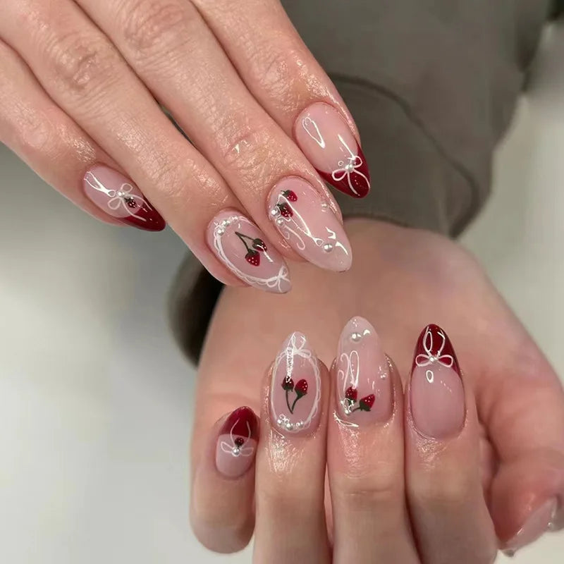 24pcs Cat Eye French Almond Press-On Nails 3D Bow