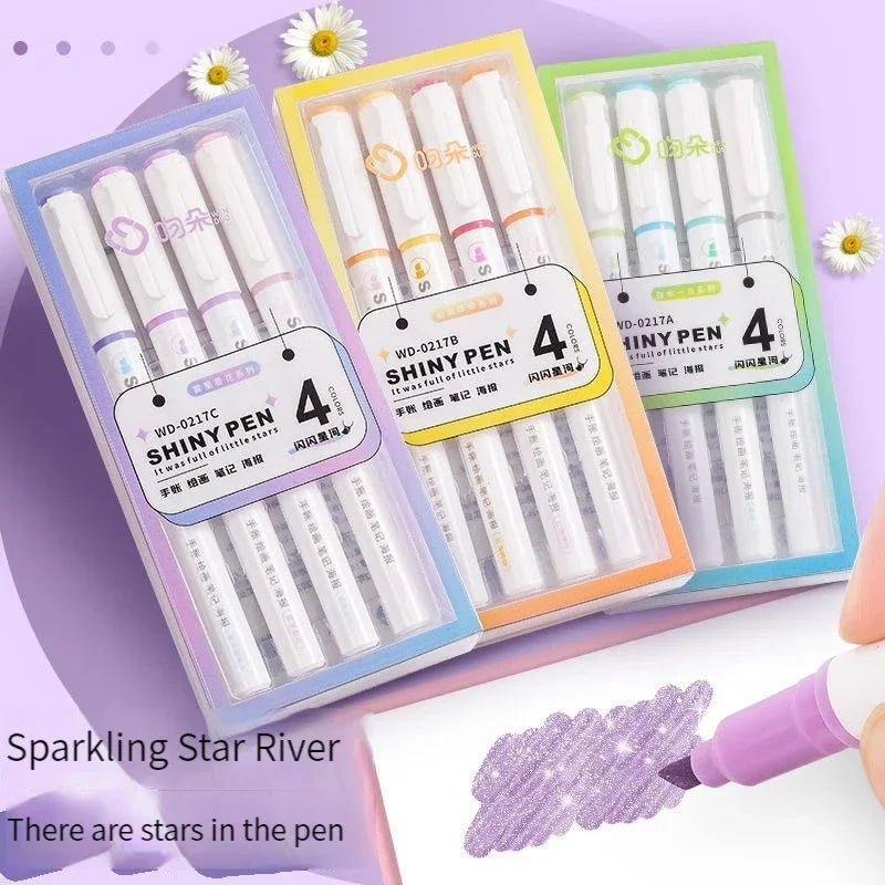 4 Color/Set Glitter Kawaii Glitter Highlighters Markers for Sparkling