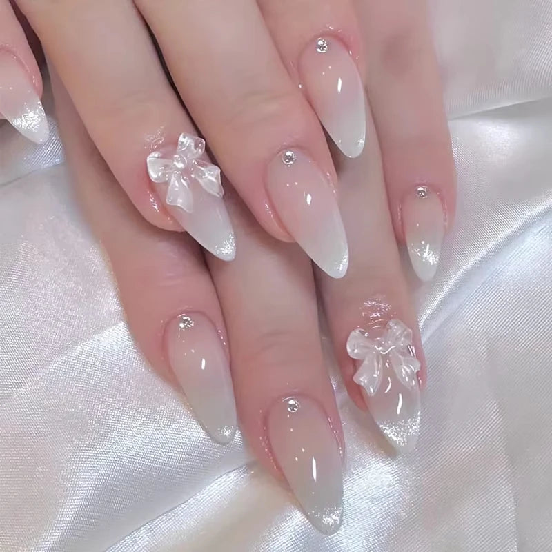 24pcs Cat Eye French Almond Press-On Nails 3D Bow