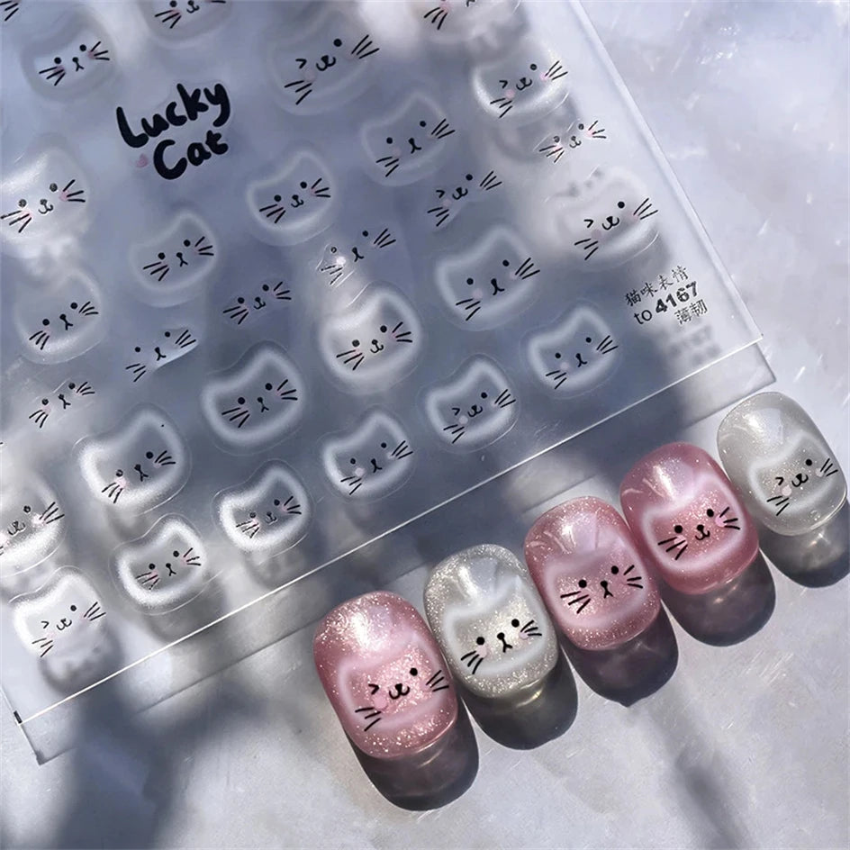 White Halo Cat Face Nail Stickers Embossed Relief