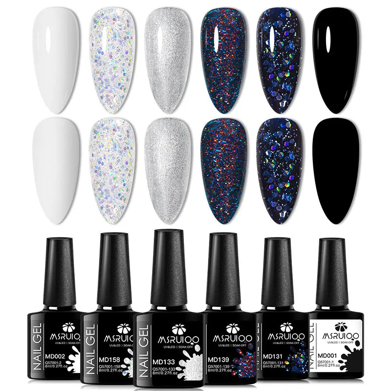 6PC Gel Nail Polish Set Nude Pink Red Glitter UV Gel