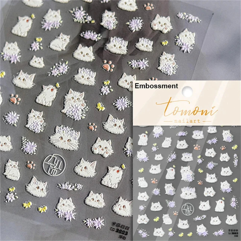 White Halo Cat Face Nail Stickers Embossed Relief
