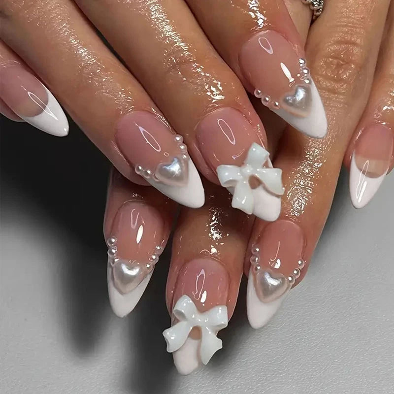24pcs Cat Eye French Almond Press-On Nails 3D Bow