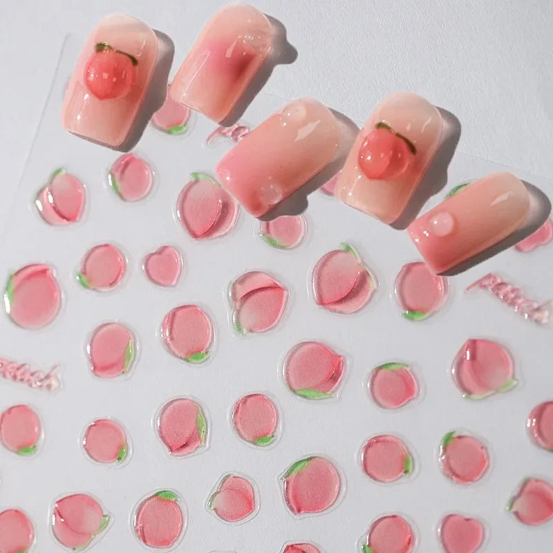 5D Pink Peach Jelly Nail Stickers Cute 3D Fruits