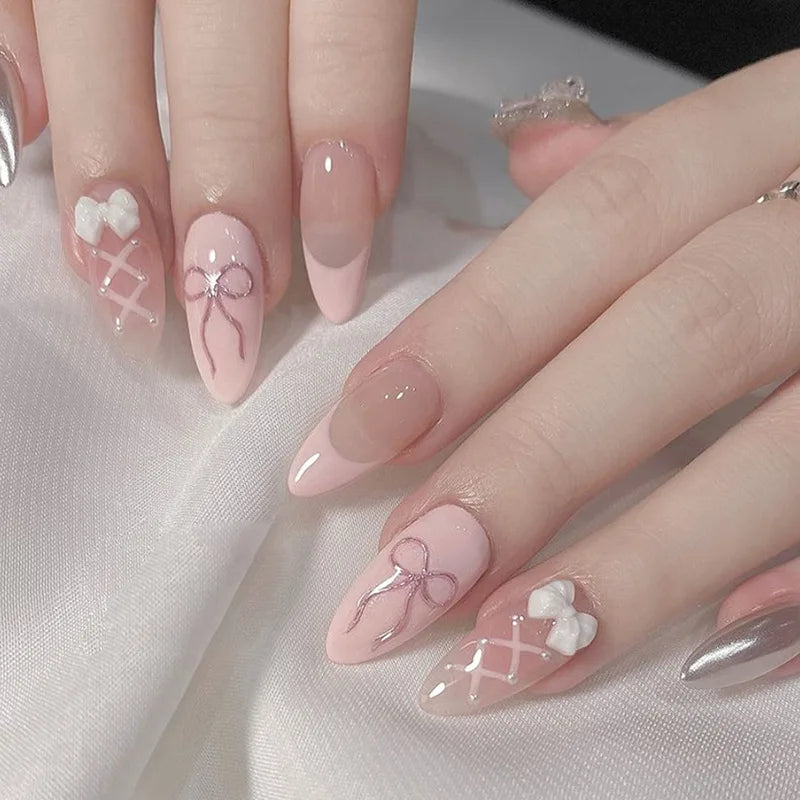 24pcs Cat Eye French Almond Press-On Nails 3D Bow
