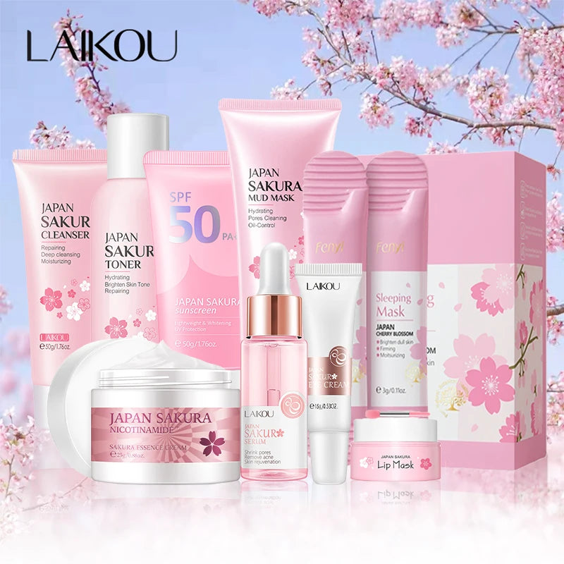 9pcs Facial Products Kit Sakura Skin Care Set Facial Cleanser Face Cream