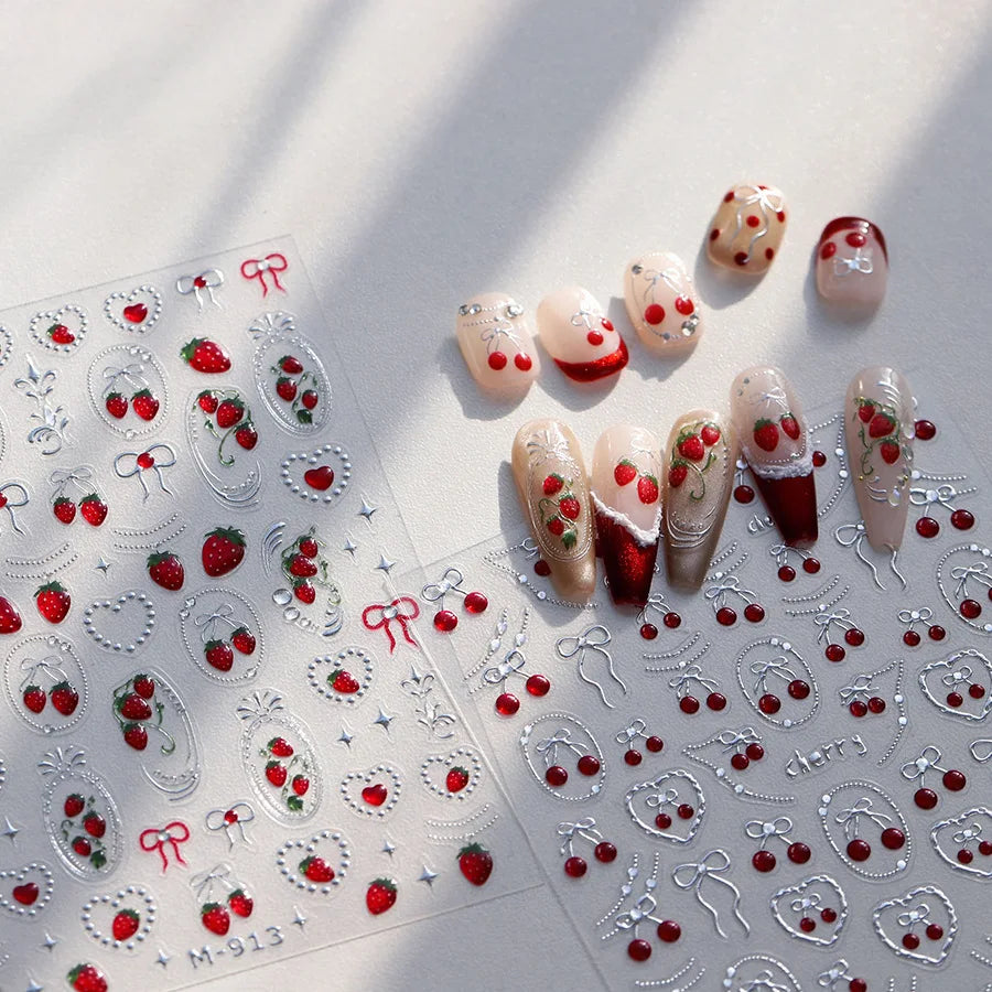 5D Fruit & Bowknot Nail Stickers Strawberry Cherry