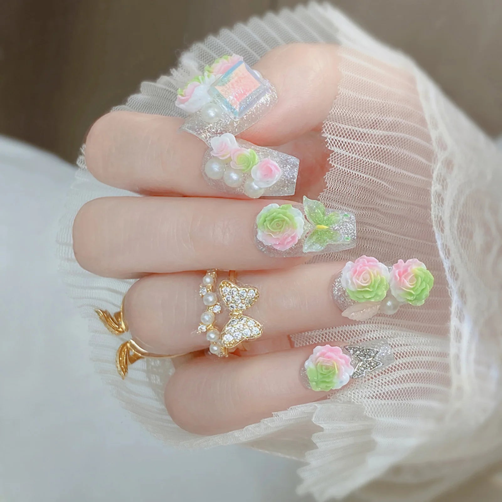 Blush Pink 3D Bowknot Diamond Pearl Press-On Nails
