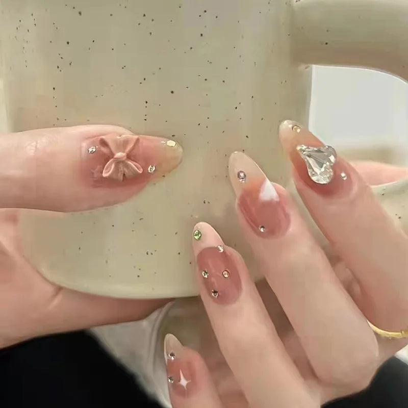 Blush Pink 3D Bowknot Diamond Pearl Press-On Nails
