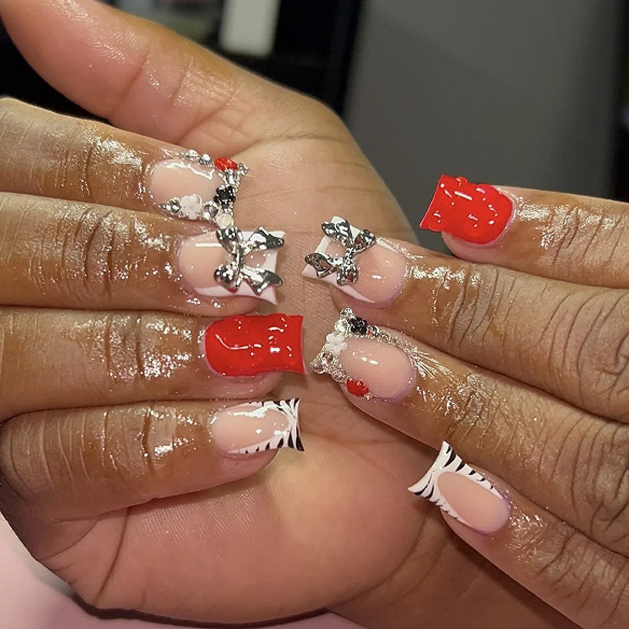 Blush Pink 3D Bowknot Diamond Pearl Press-On Nails
