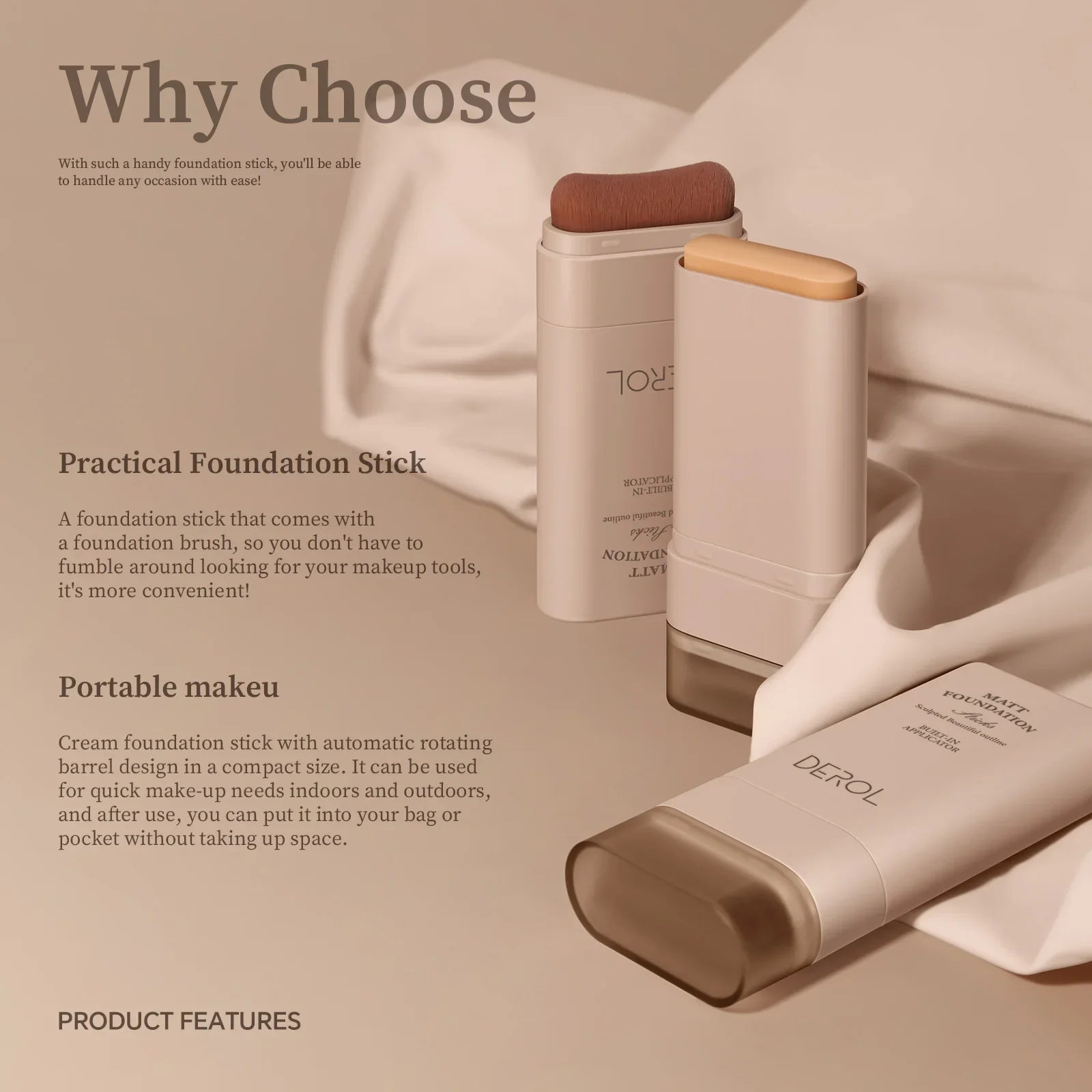 DEROL Eraser Foundation Stick – Full Coverage with Makeup Brush Vervelle