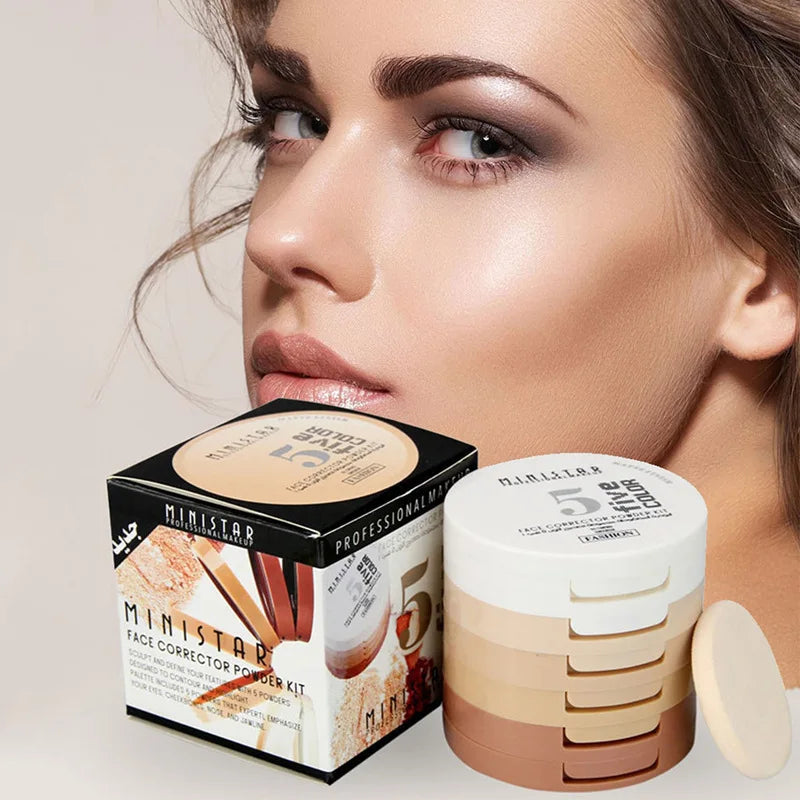 5-Color Contouring Powder Tower for Brightening & Oil Control