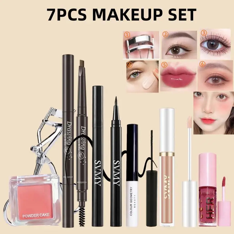 7PCS Korean Makeup Full Set Blush Eyeliner Lip Gloss