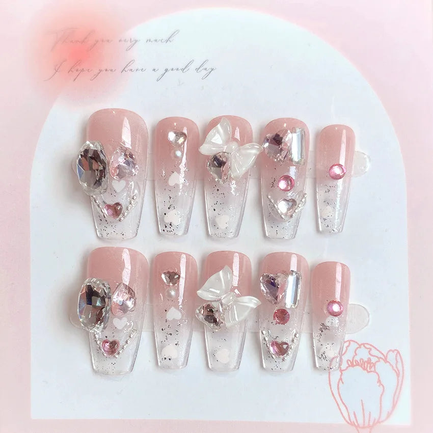 Blush Pink 3D Bowknot Diamond Pearl Press-On Nails