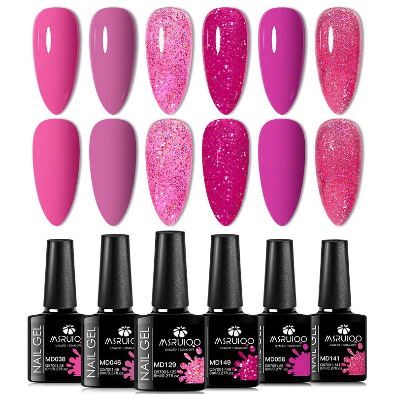 6PC Gel Nail Polish Set Nude Pink Red Glitter UV Gel