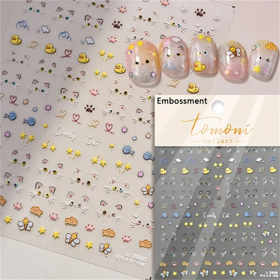 White Halo Cat Face Nail Stickers Embossed Relief