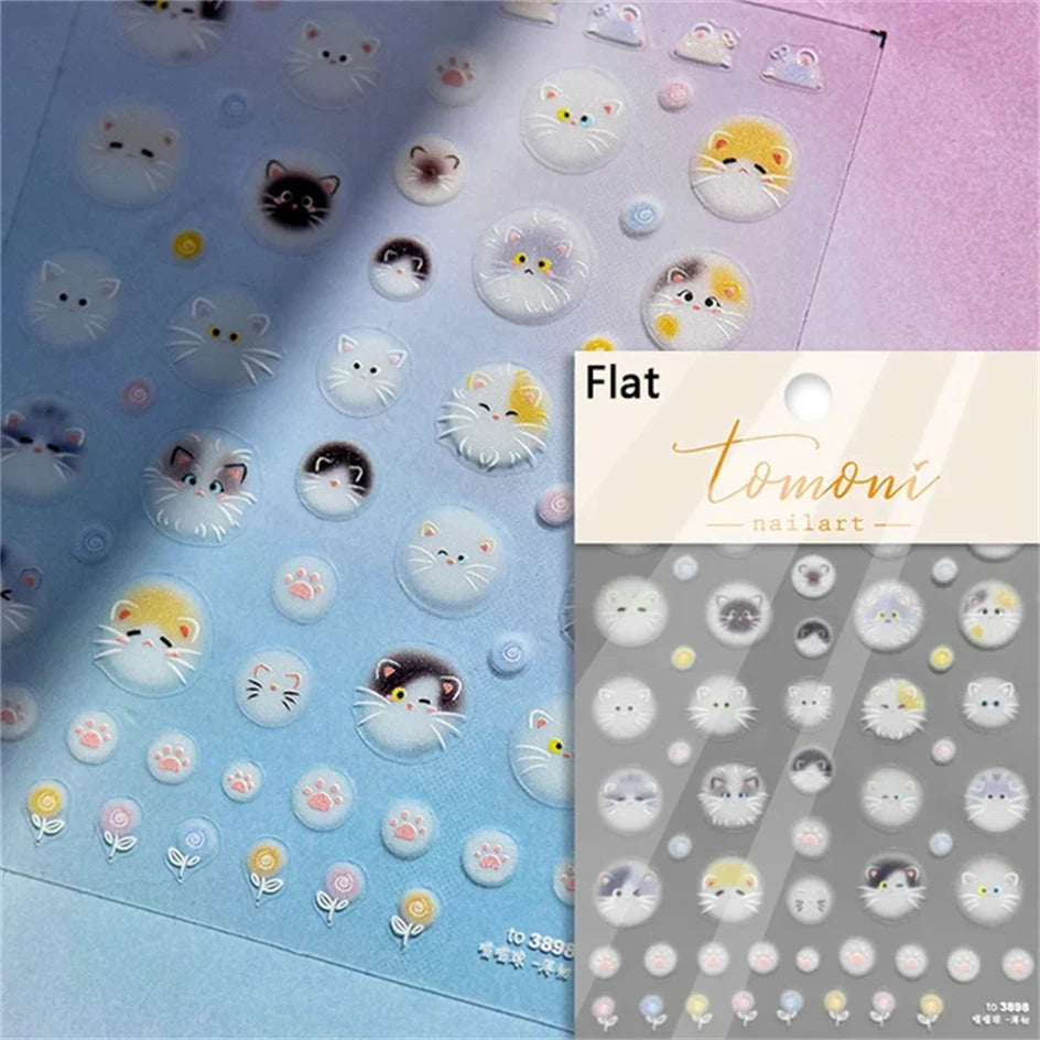 White Halo Cat Face Nail Stickers Embossed Relief