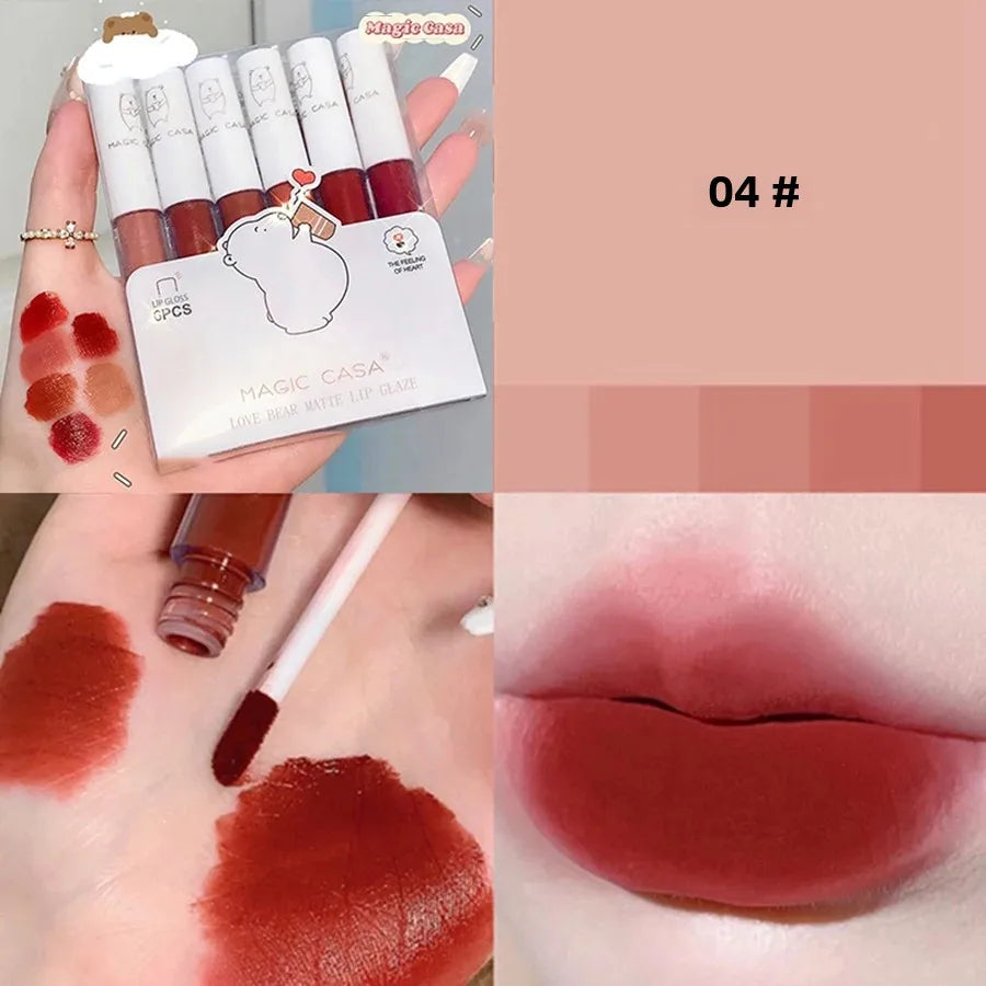 6pcs/Set Love Bear Velvet Matte Lipgloss Lip Tint Mud Moisturizing Lip Cosmetics Set