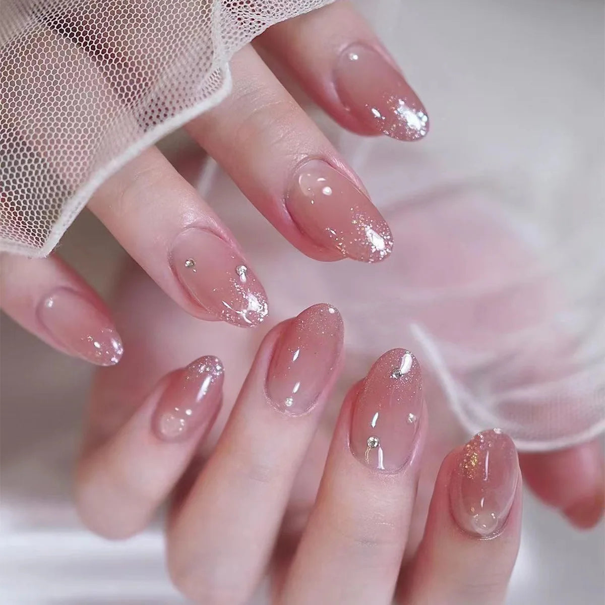 Blush Pink 3D Bowknot Diamond Pearl Press-On Nails
