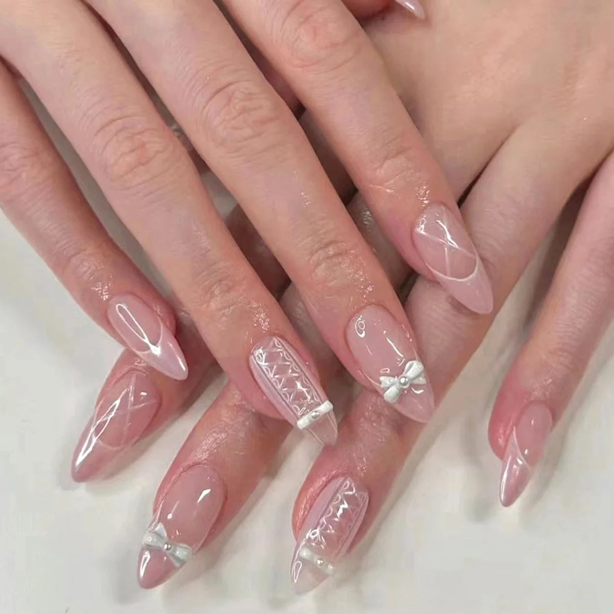 Blush Pink 3D Bowknot Diamond Pearl Press-On Nails