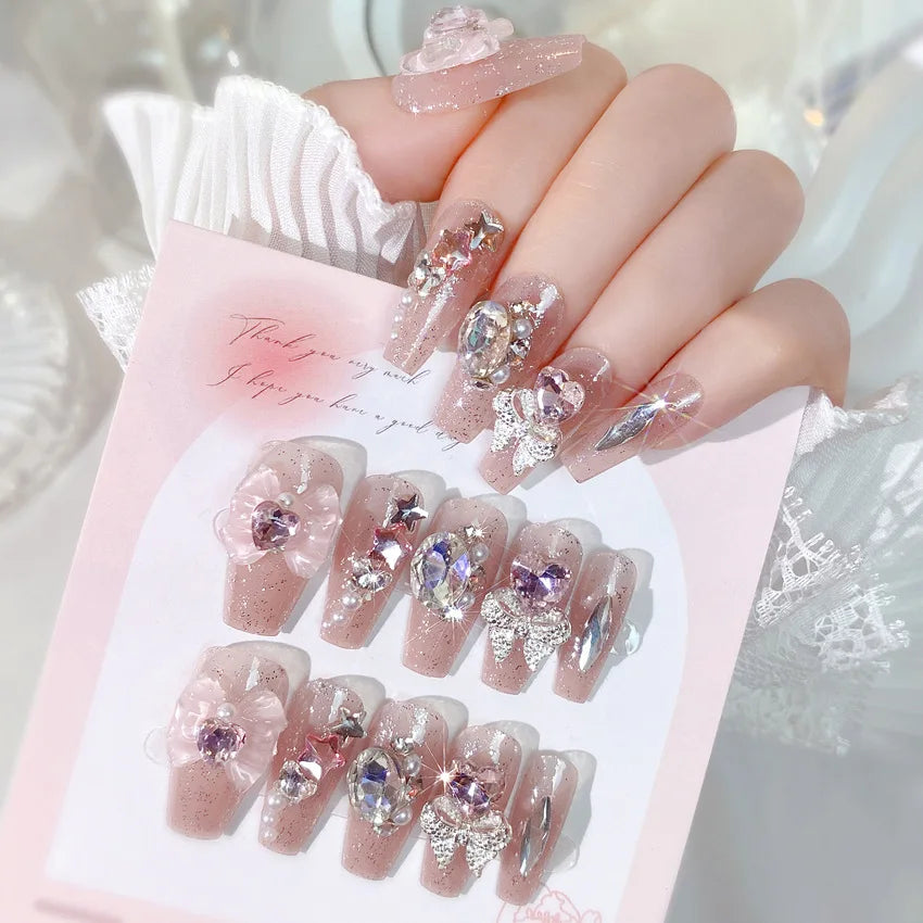 Blush Pink 3D Bowknot Diamond Pearl Press-On Nails