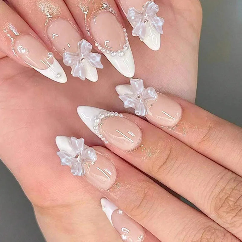 24pcs Cat Eye French Almond Press-On Nails 3D Bow